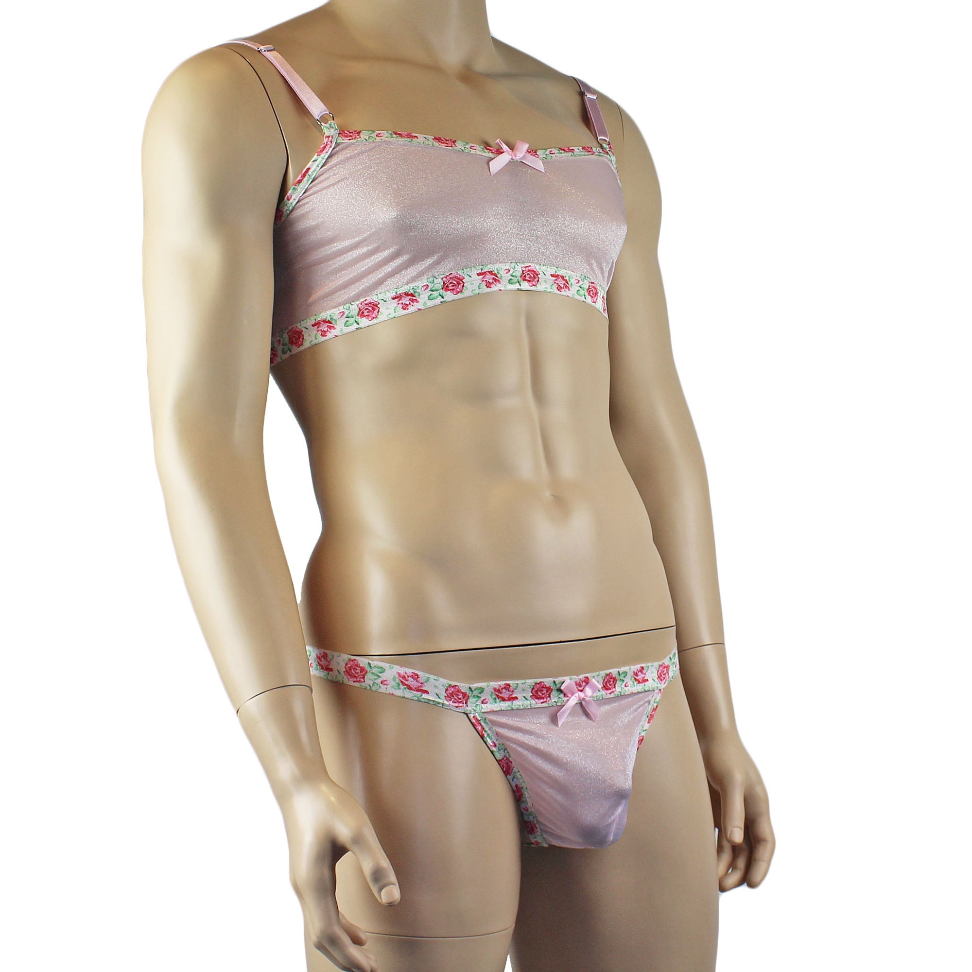 Mens Crystal Rose Sheer Stretch Glissenette Bra Top & G string with Flower Trim Pink