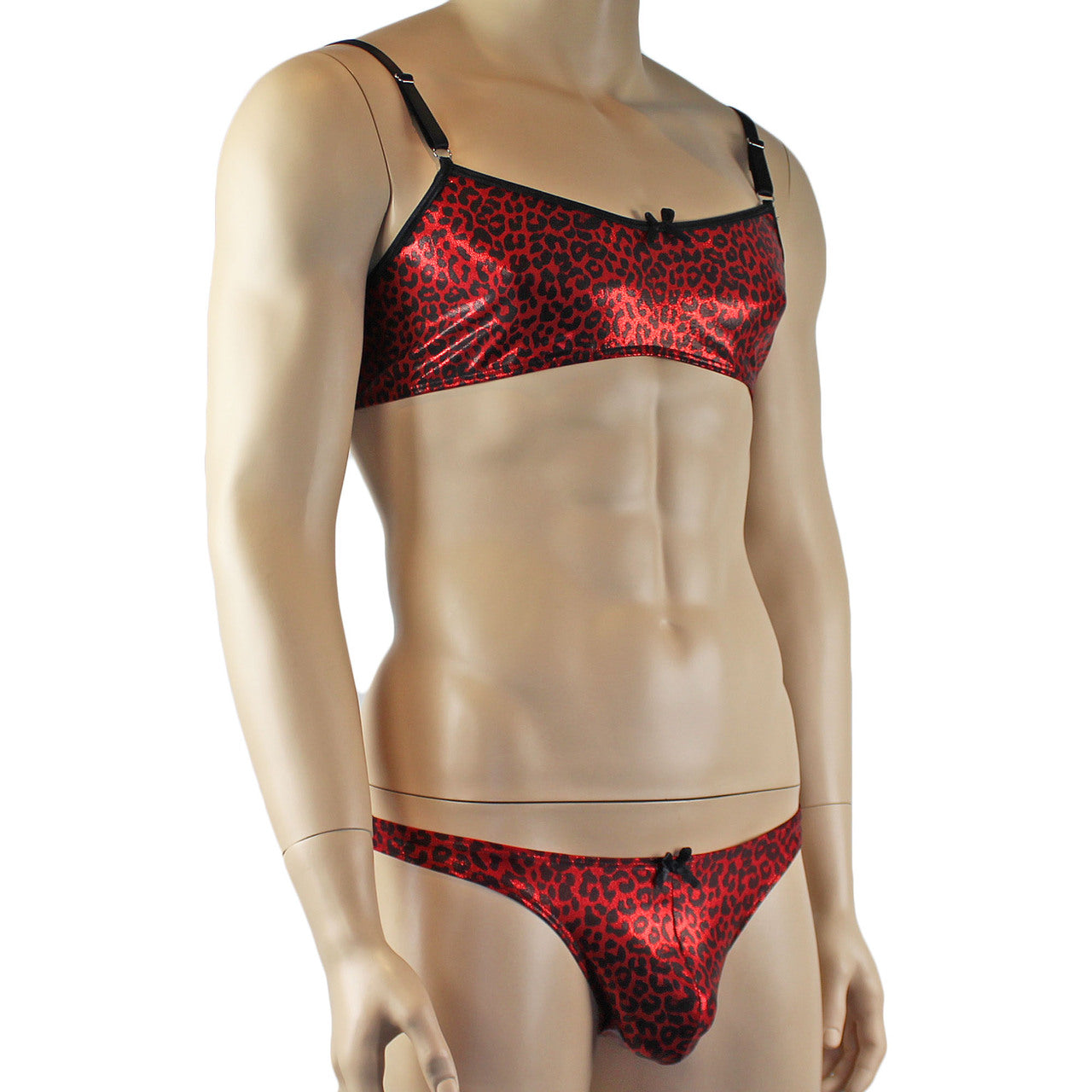 Mens Dazzle Animal Leopard Print Bra and Thong Set Red