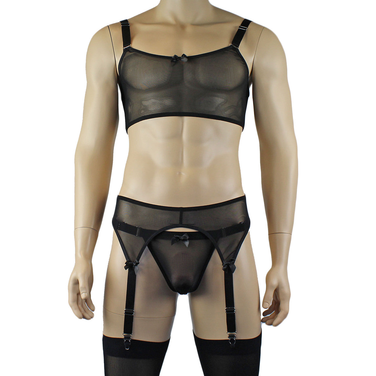 Mens Exotic Sheer Mesh Crop Bra Top Camisole, G string & Garterbelt - Sizes up to 3XL (black plus other colours)