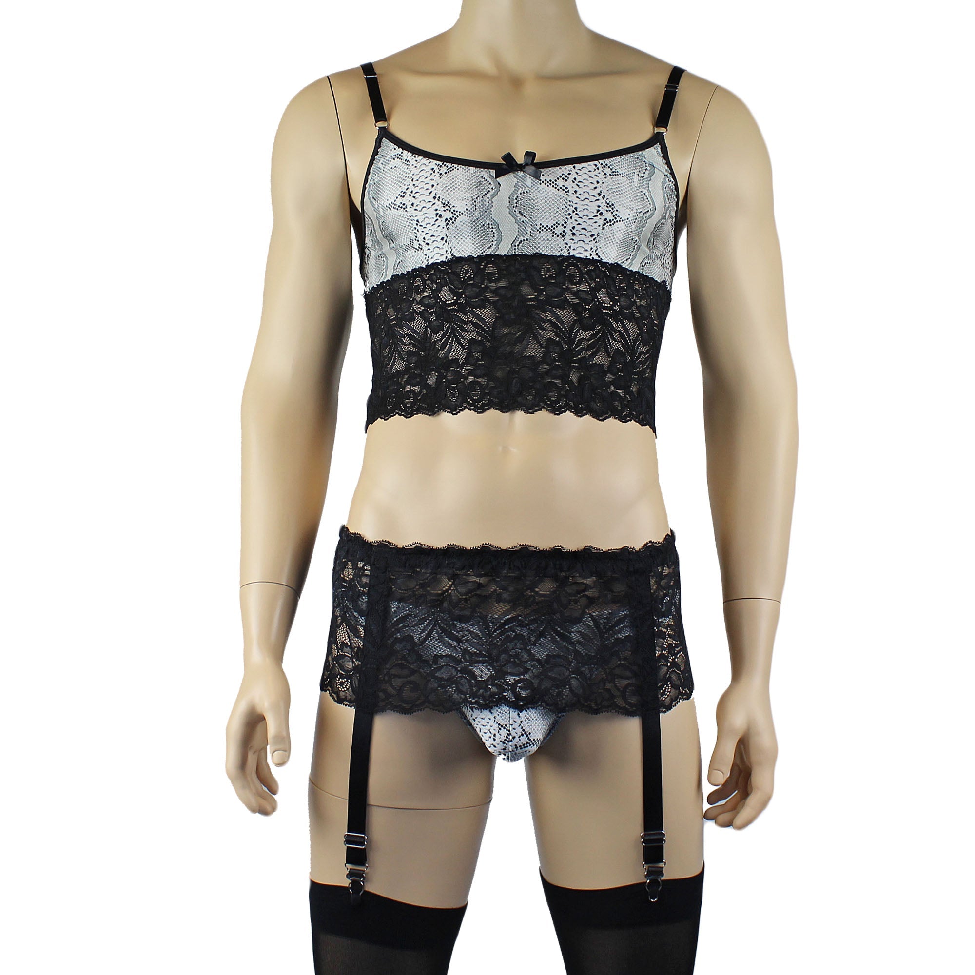 Mens Grey Snake Print & Black Lace Mens Bra Top Camisole, Thong, Garter & Stockings