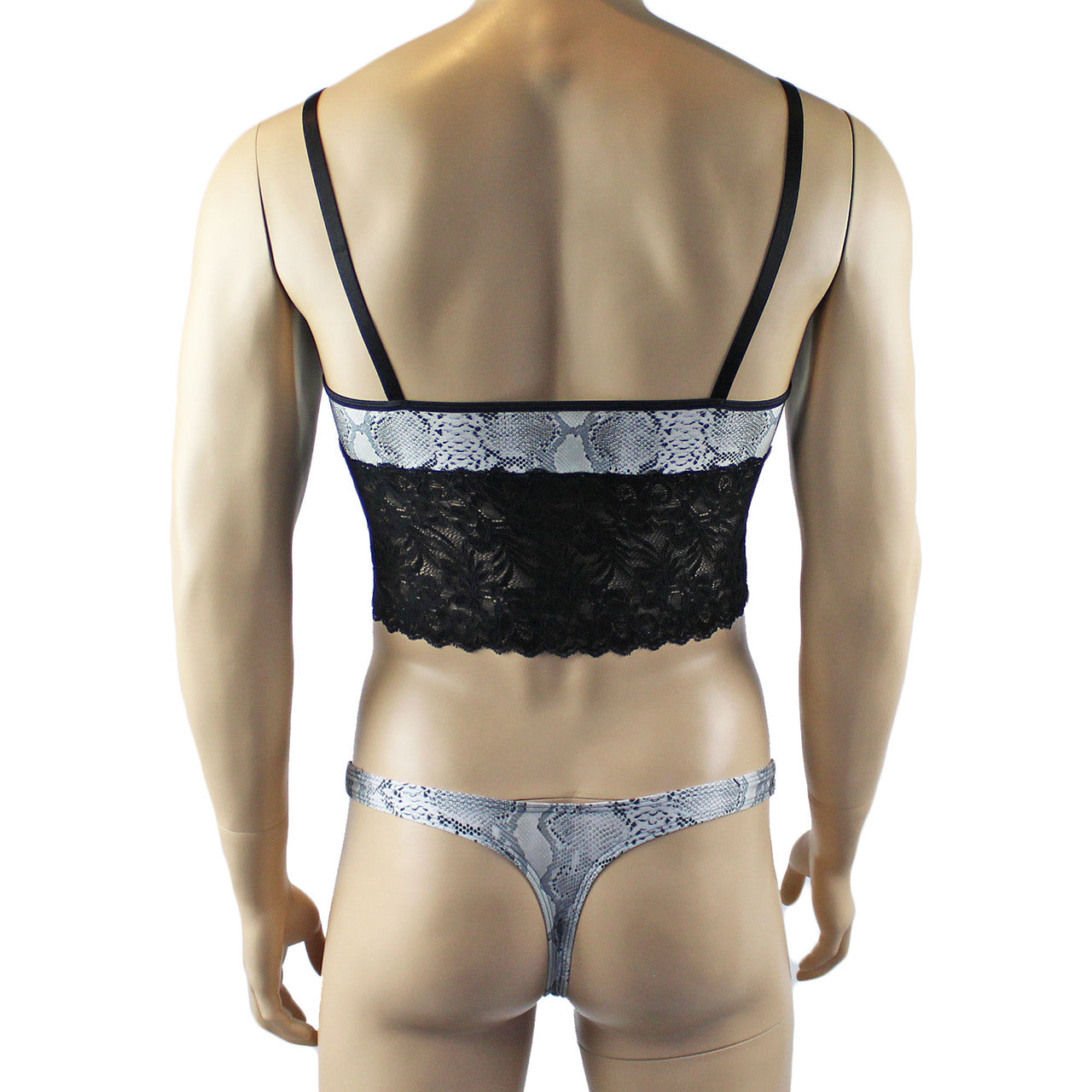 Mens Bra Top Camisole and Thong in Grey Snake Print & Black Lace