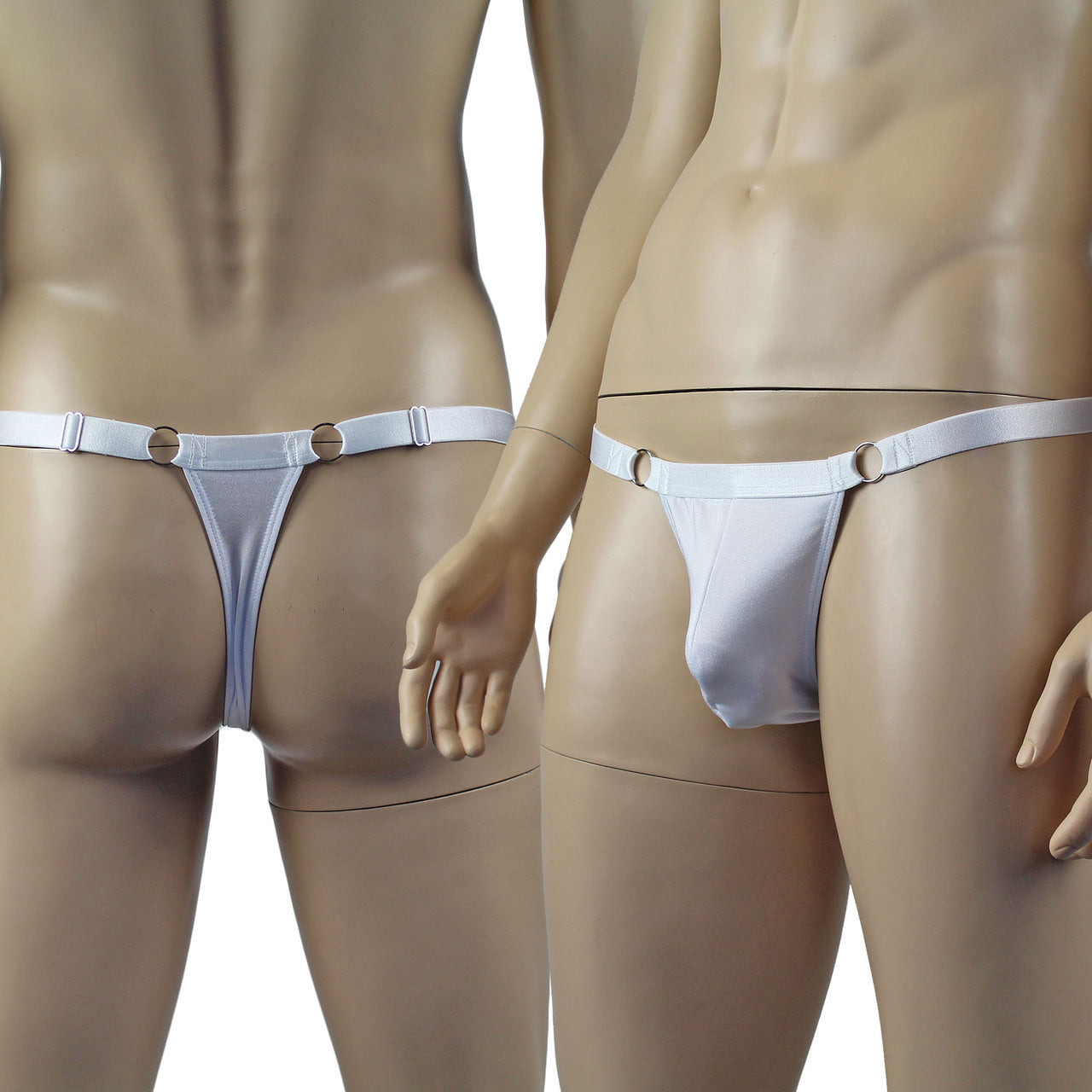 Male Spandex Thong with Ring Sides and Adjustable Strap White