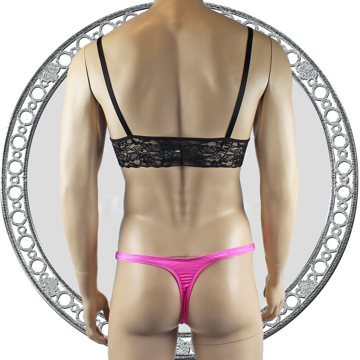 Mens Lace Bra Top Lingerie and Thong for Men Hot Pink and Black