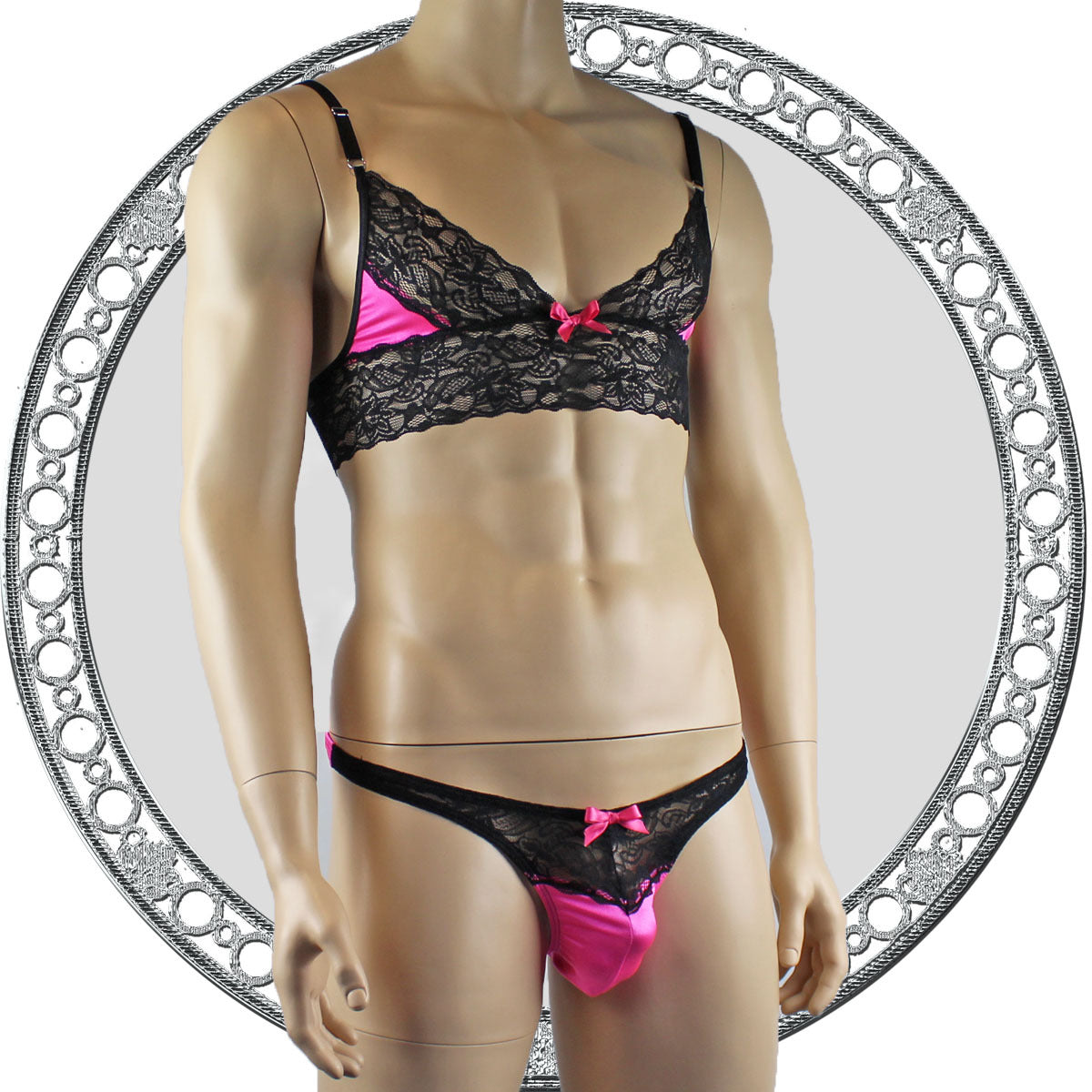 Mens Lace Bra Top Lingerie and Thong for Men Hot Pink and Black