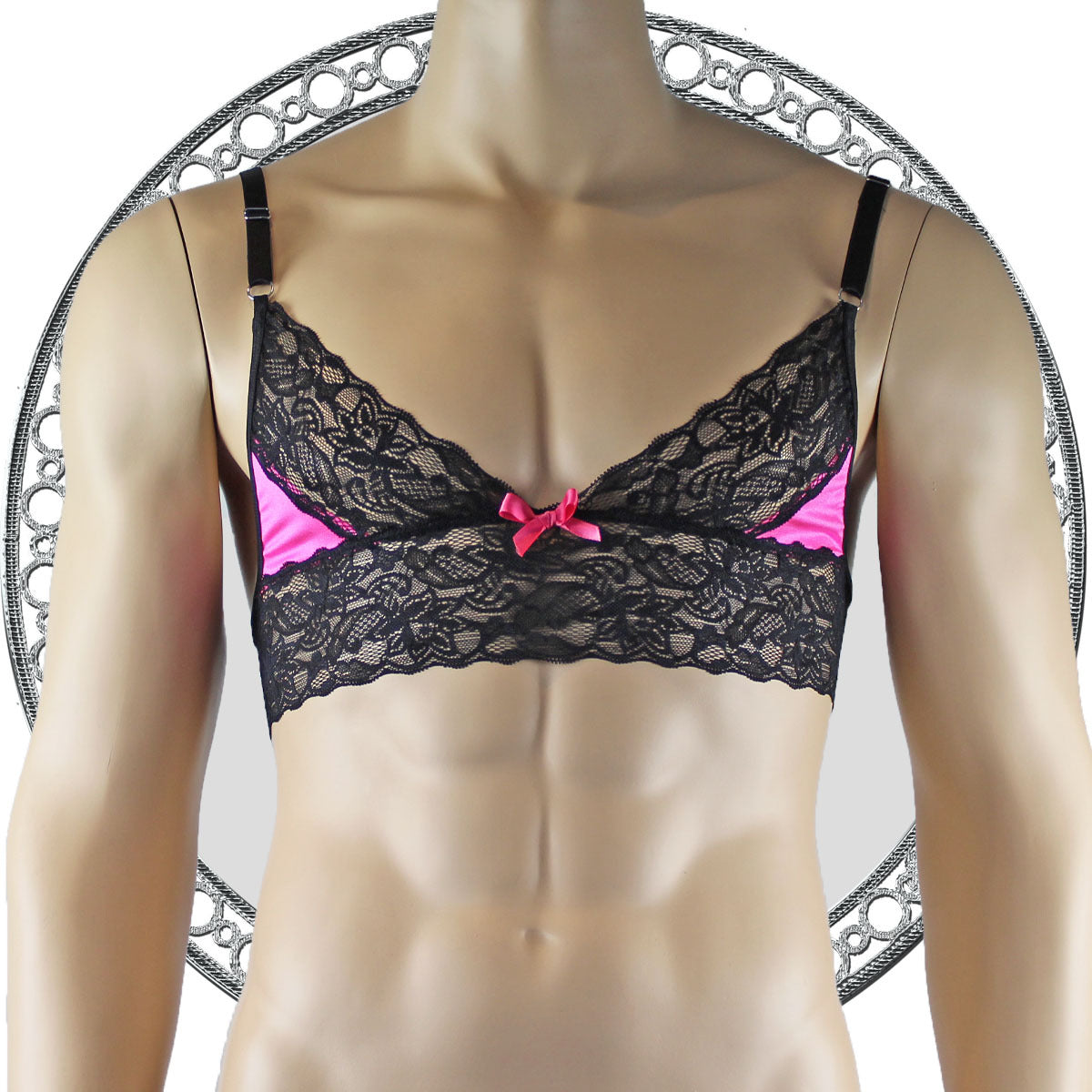 Mens Lace Bra Top Lingerie and Thong for Men Hot Pink and Black