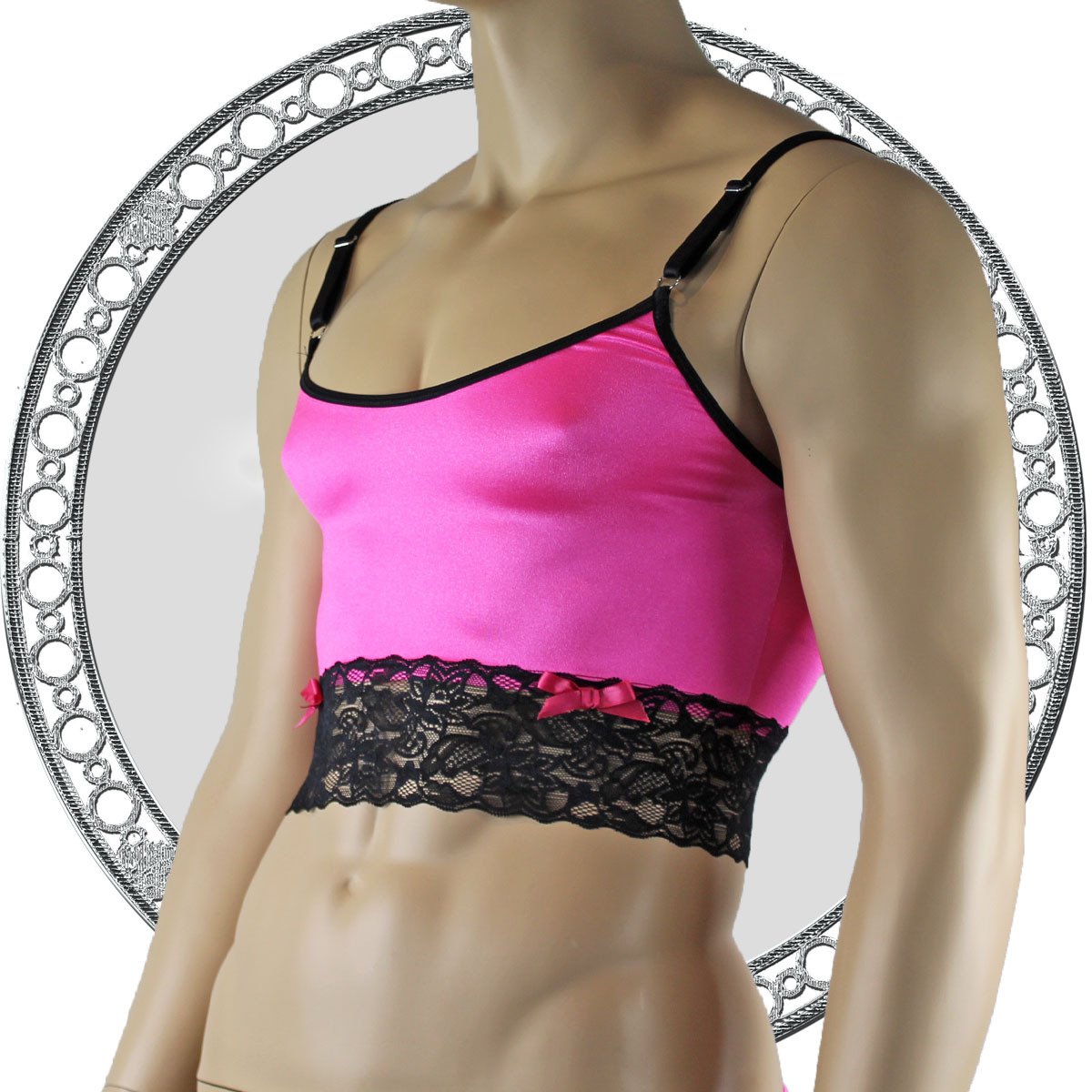 Mens Satin & Lace Crop Cami Top Hot Pink and Black
