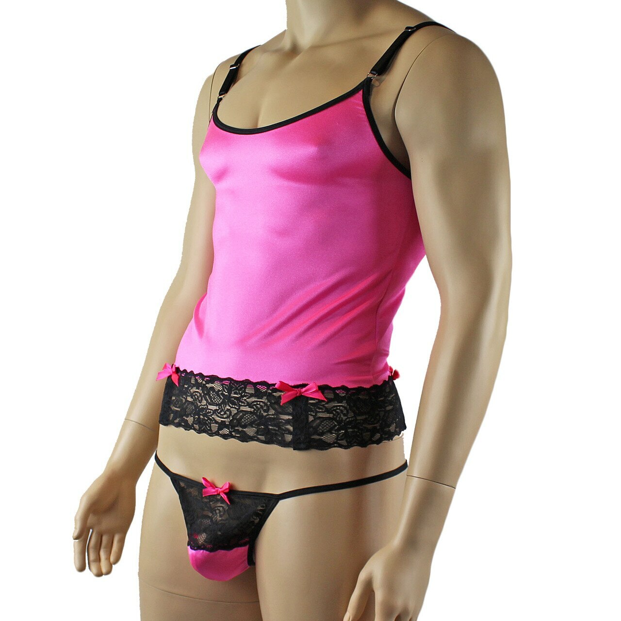 Mens Camisole Bustier Garter Top with Pouch G string & Stockings (hot pink plus other colours)