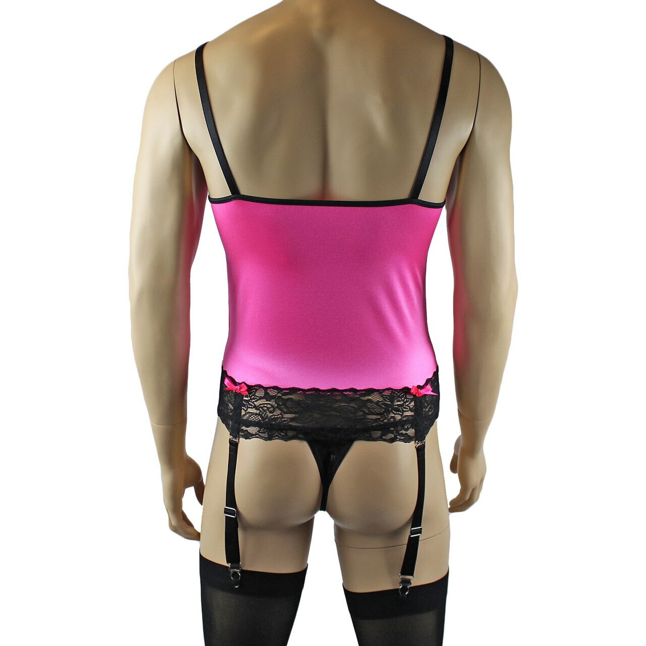 Mens Camisole Bustier Garter Top with Pouch G string & Stockings (hot pink plus other colours)