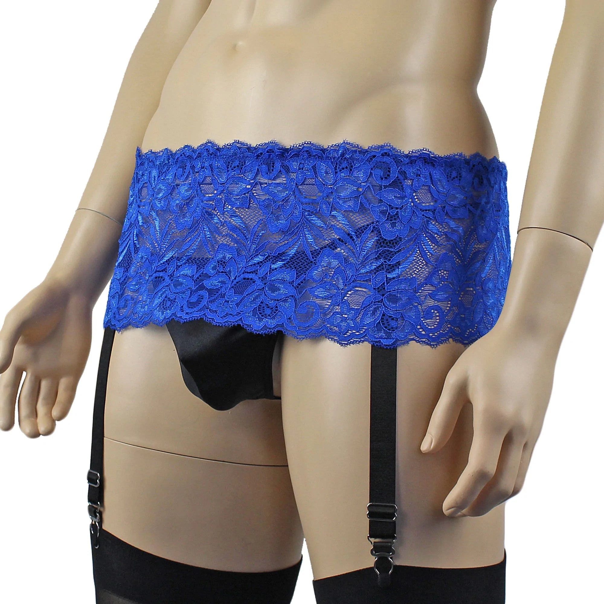 SALE - Mens Kristy Wide Lace Garter Belt Black Mens Lingerie Blue