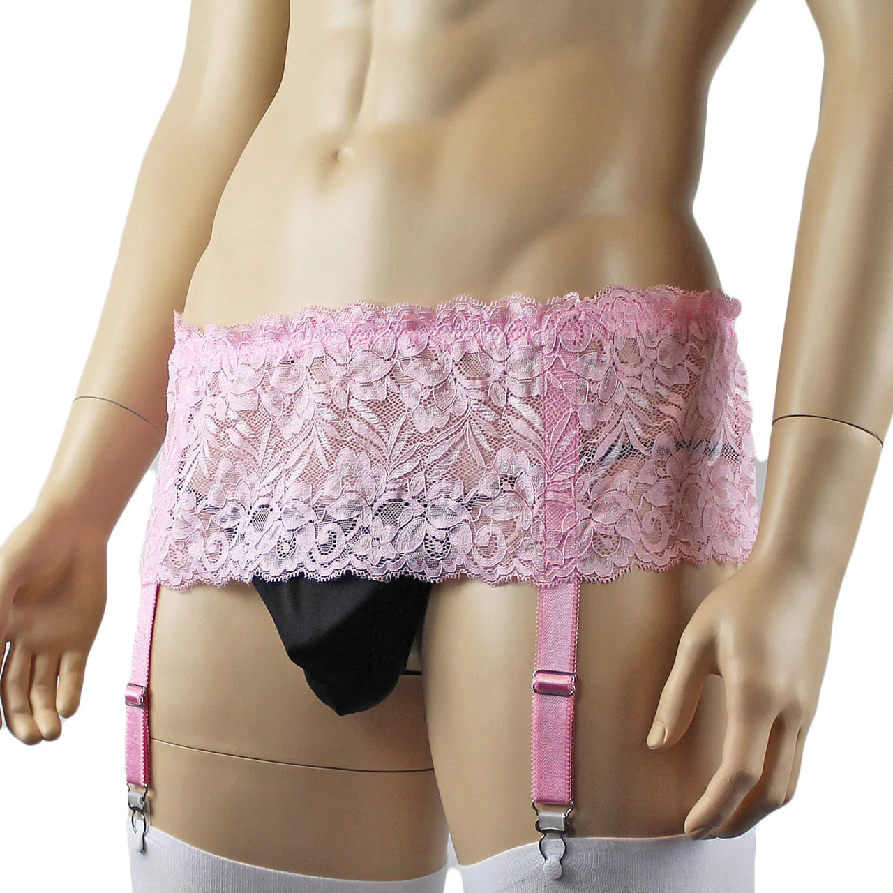 SALE - Mens Kristy Wide Lace Garter Belt Black Mens Lingerie Light Pink