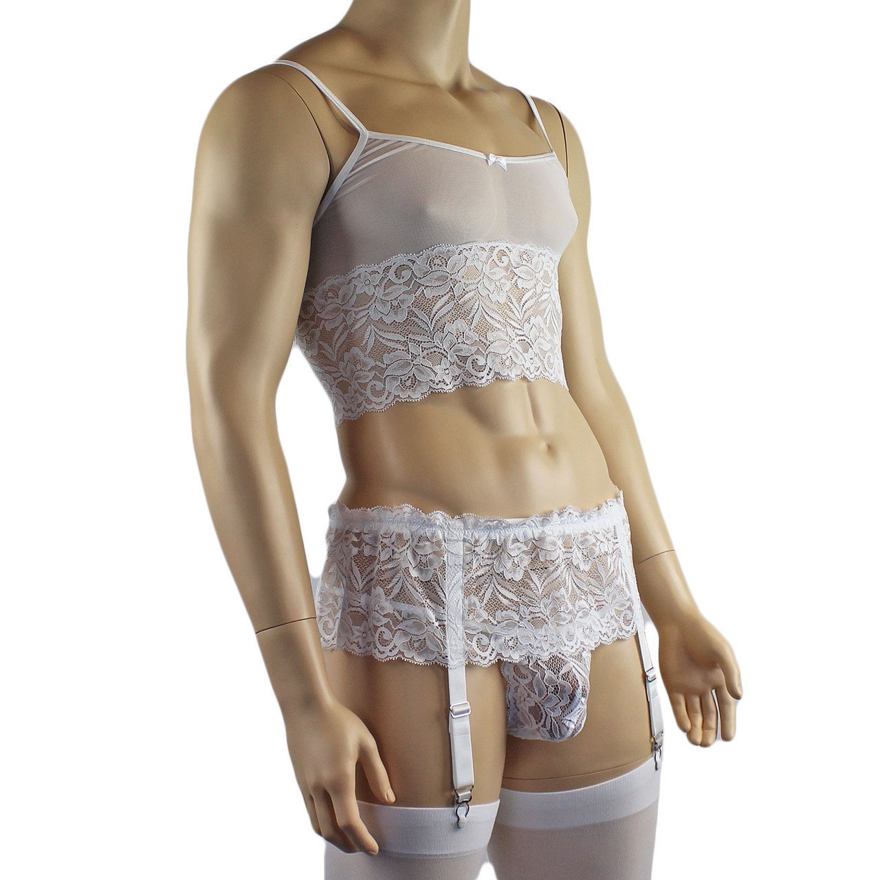 Mens Sexy Camisole, Pouch G string, Garterbelt & Stockings (white plus other colours)