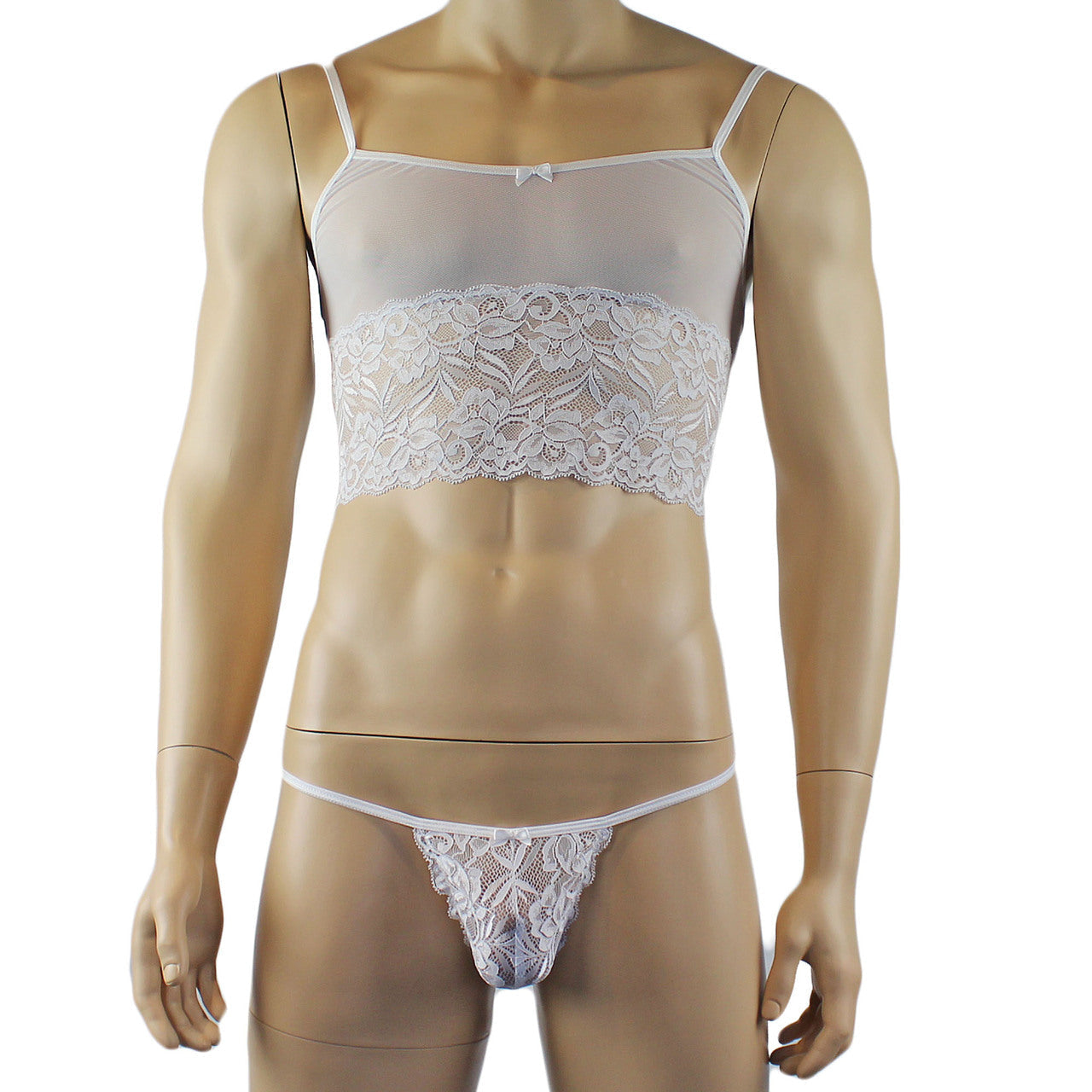 Mens Sexy Lace Camisole Top and Pouch G string (white plus other colours)