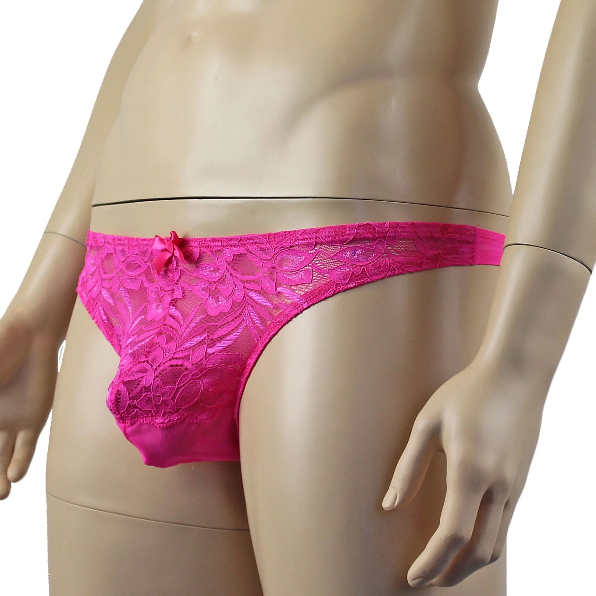 SALE - Mens Kristy Sexy Lace Thong Panties with Stretch Mesh Back Hot Pink