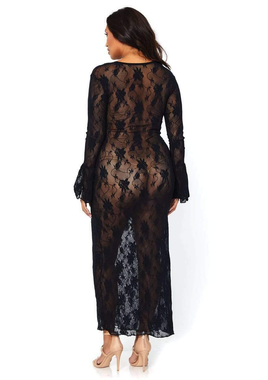 Deep V Lace Long Sleeve Gown Black