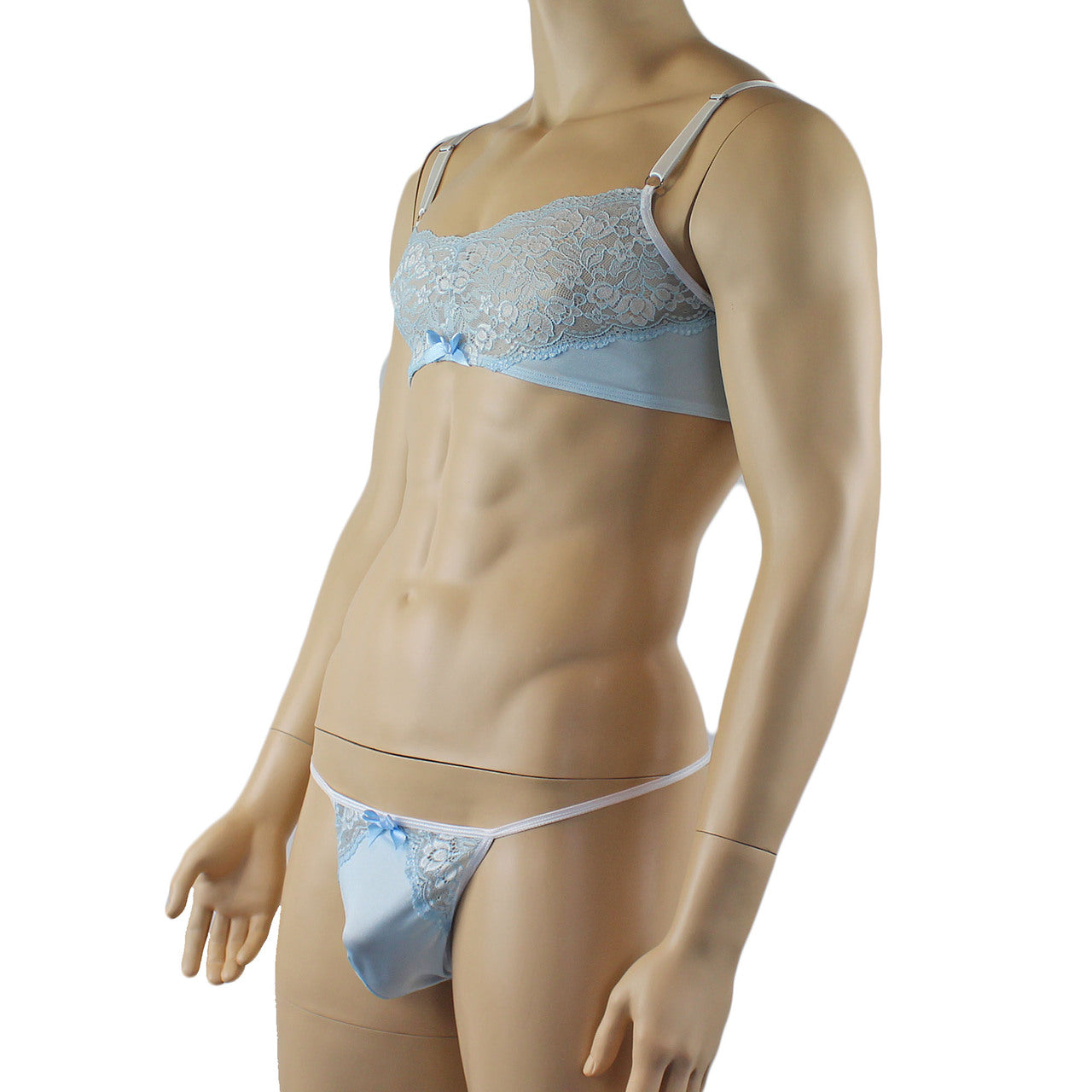 Mens Luxury Spandex & Lace Bra Top and G string (light blue plus other colours)