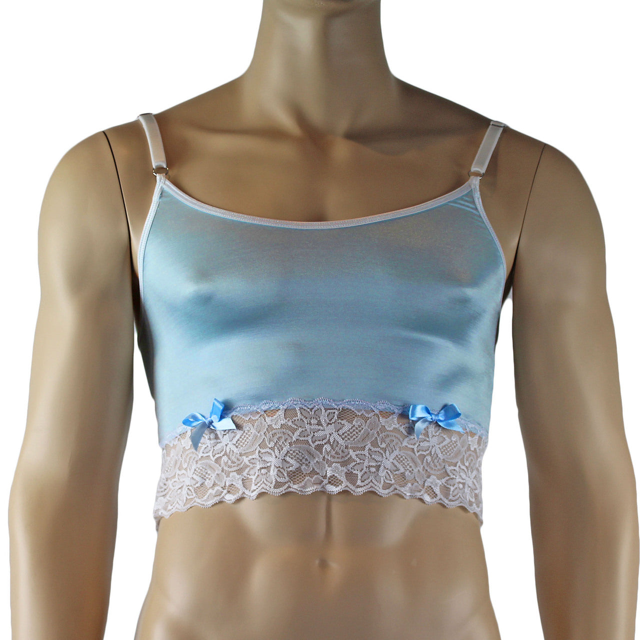 Mens Satin & Lace Crop Cami Top (light blue and white plus other colours)