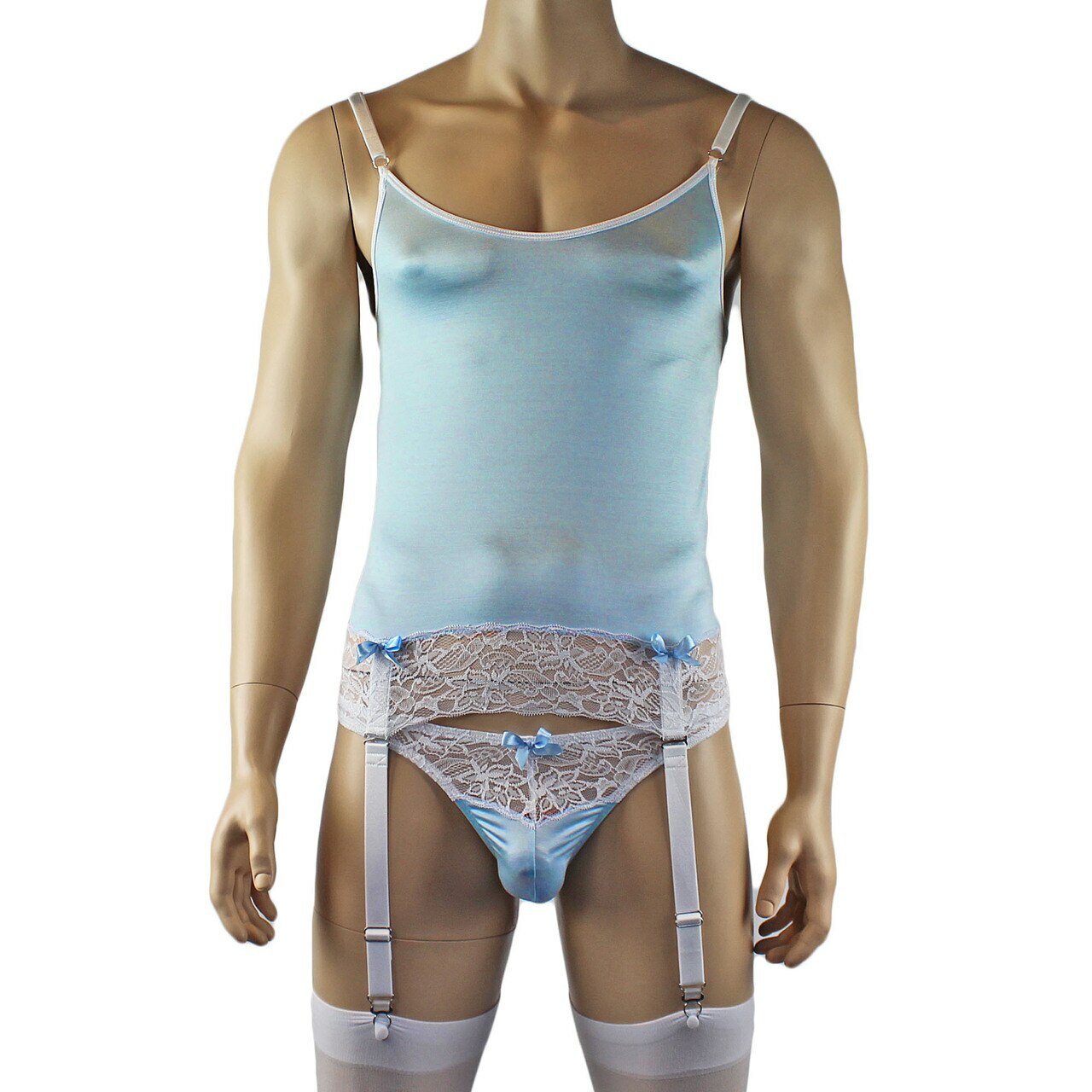 Mens Camisole Bustier Garter Top with Thong & Stockings (light blue plus other colours)