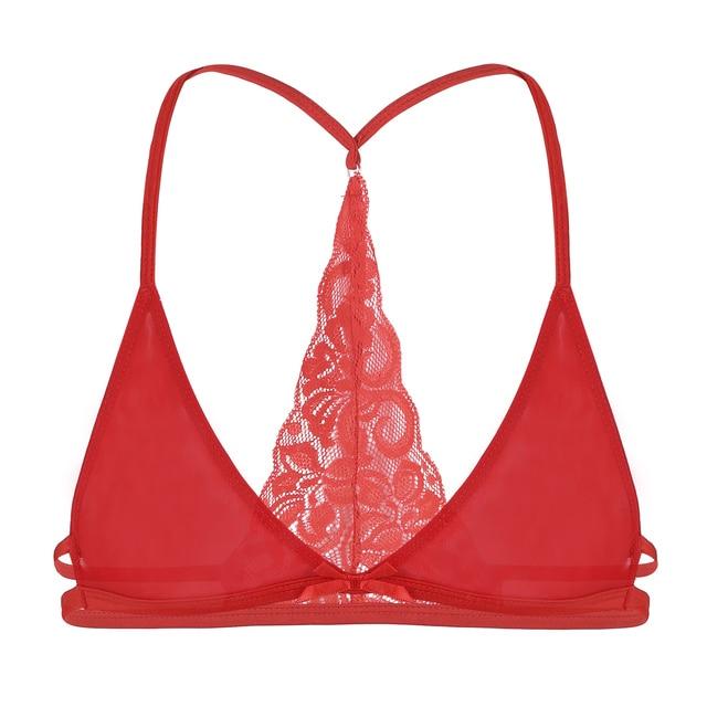 Mens Sissy Lingerie See Through Sheer Lace Bra Top with Y-shape Red