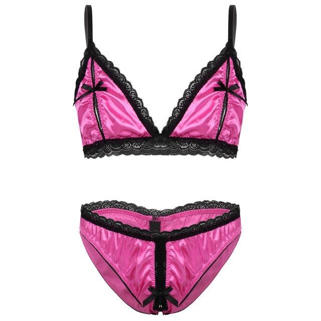 Mens Sissy Peek a Boo Bra Top & Crotchless Panty Briefs Rose