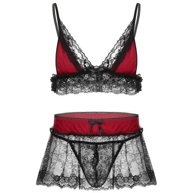 Sissy Lingerie Men Sleepwear Bra Top, G string and See-through Mini Skirt Red