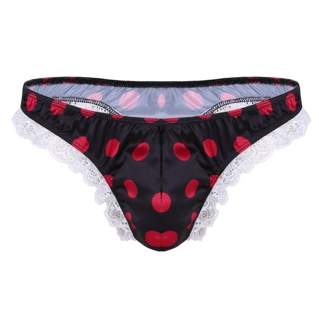 Mens Satin Polka Dot Thong Panty with Lace Trim Black