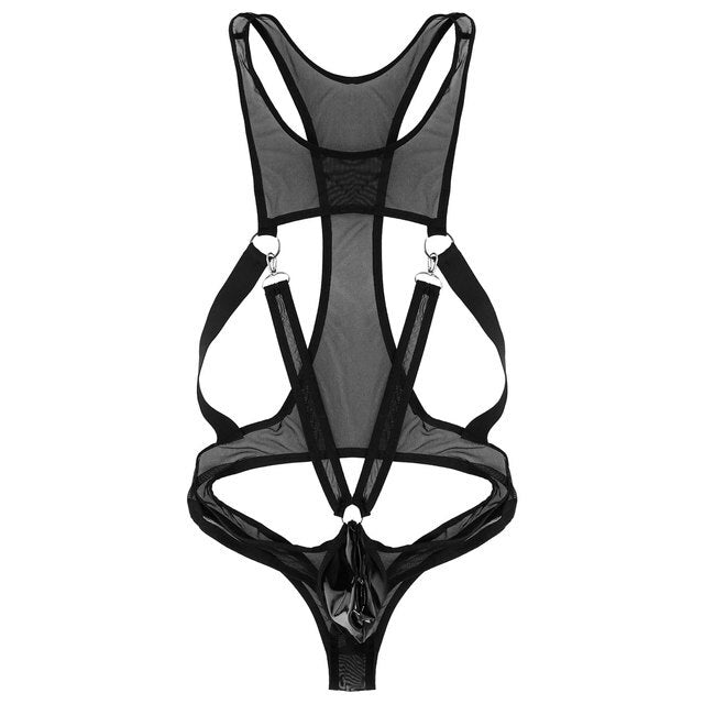 Men See-through Sheer Mesh Bodysuit with Sexy Straps and Rings Black