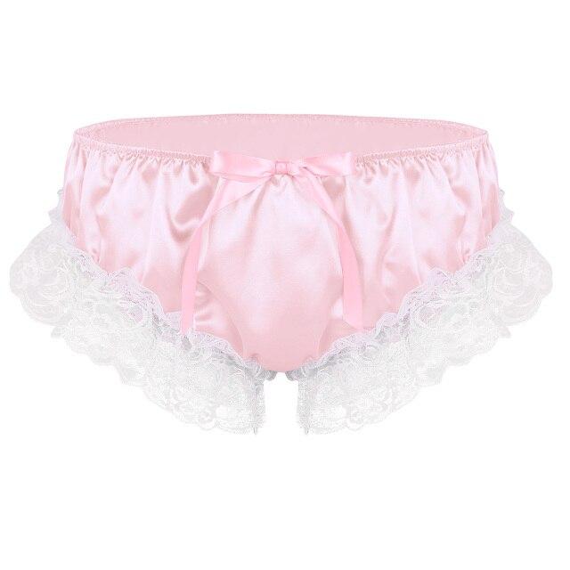 Mens Feminine Shiny Soft Ruffled Floral Sissy Panties with Lace Trim - White or Light Blue