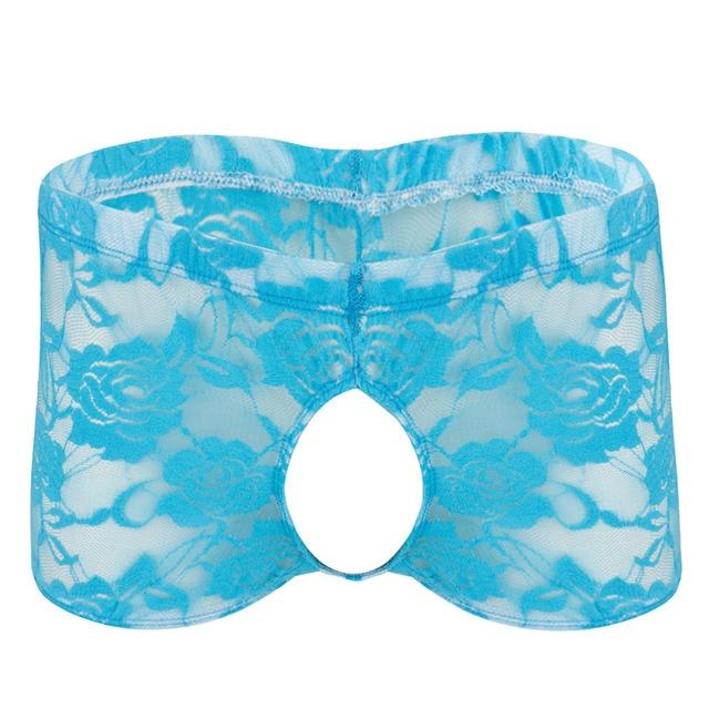 Mens Sissy Lace Peek a Boo Boxer Shorts with Open Front & Back Blue