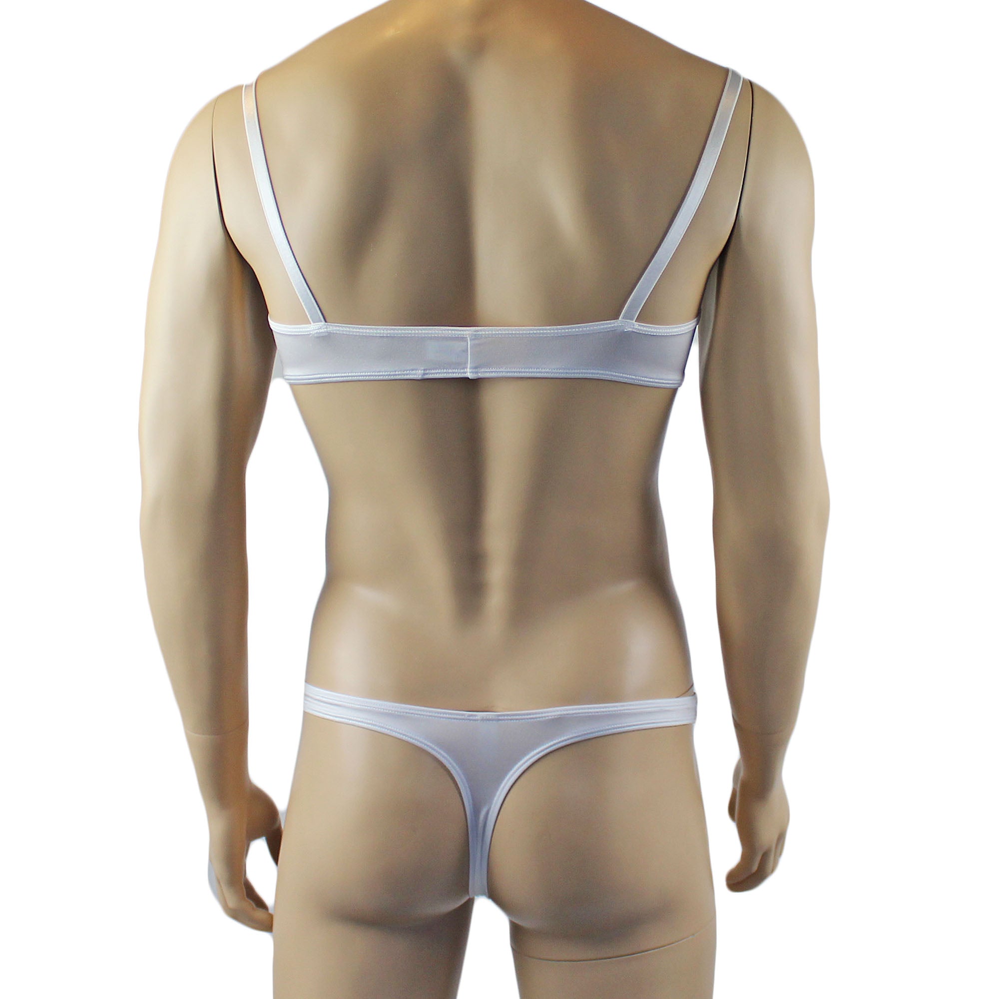 Male Romance Stretch Spandex Bra, G string Thong & Garterbelt White
