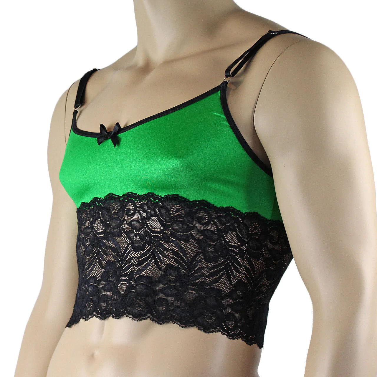 SALE - Mens Risque Camisole Bra Top with Wide Lace Trim Green and Black Lace