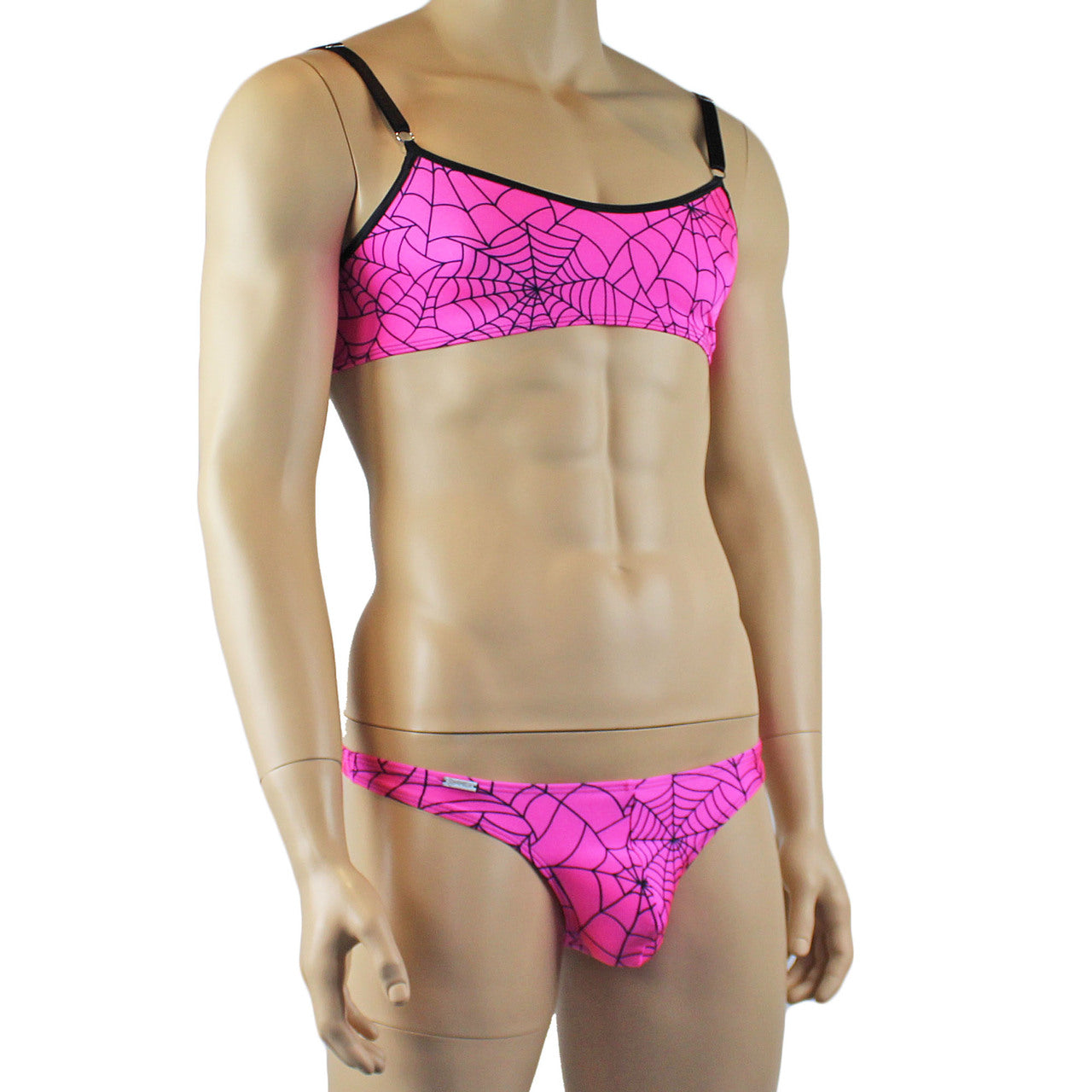Mens Halloween Spooky Spider Web Camisole Bra Top & Mini Thong (pink & lime colours)