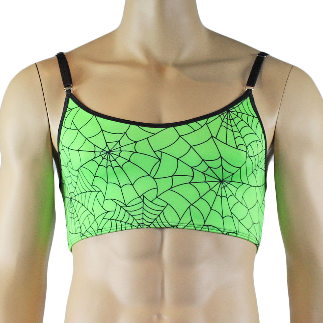 Mens Halloween Spooky Spider Web Camisole Bra Top & Thong with Band (lime & pink colours)