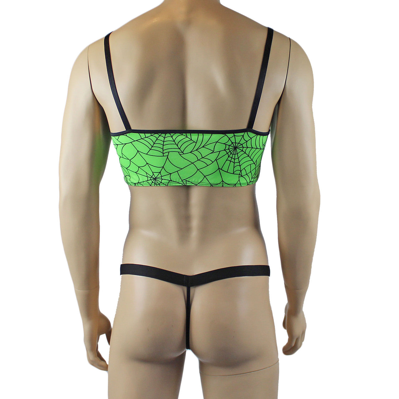 Mens Halloween Spooky Spider Web Camisole Bra Top & Thong with Band (lime & pink colours)