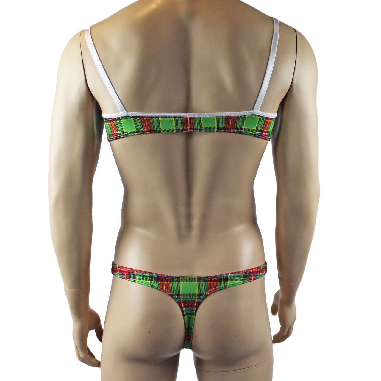 Mens Plaid Tartan Bra Top & Low Waist Thong Green and Red