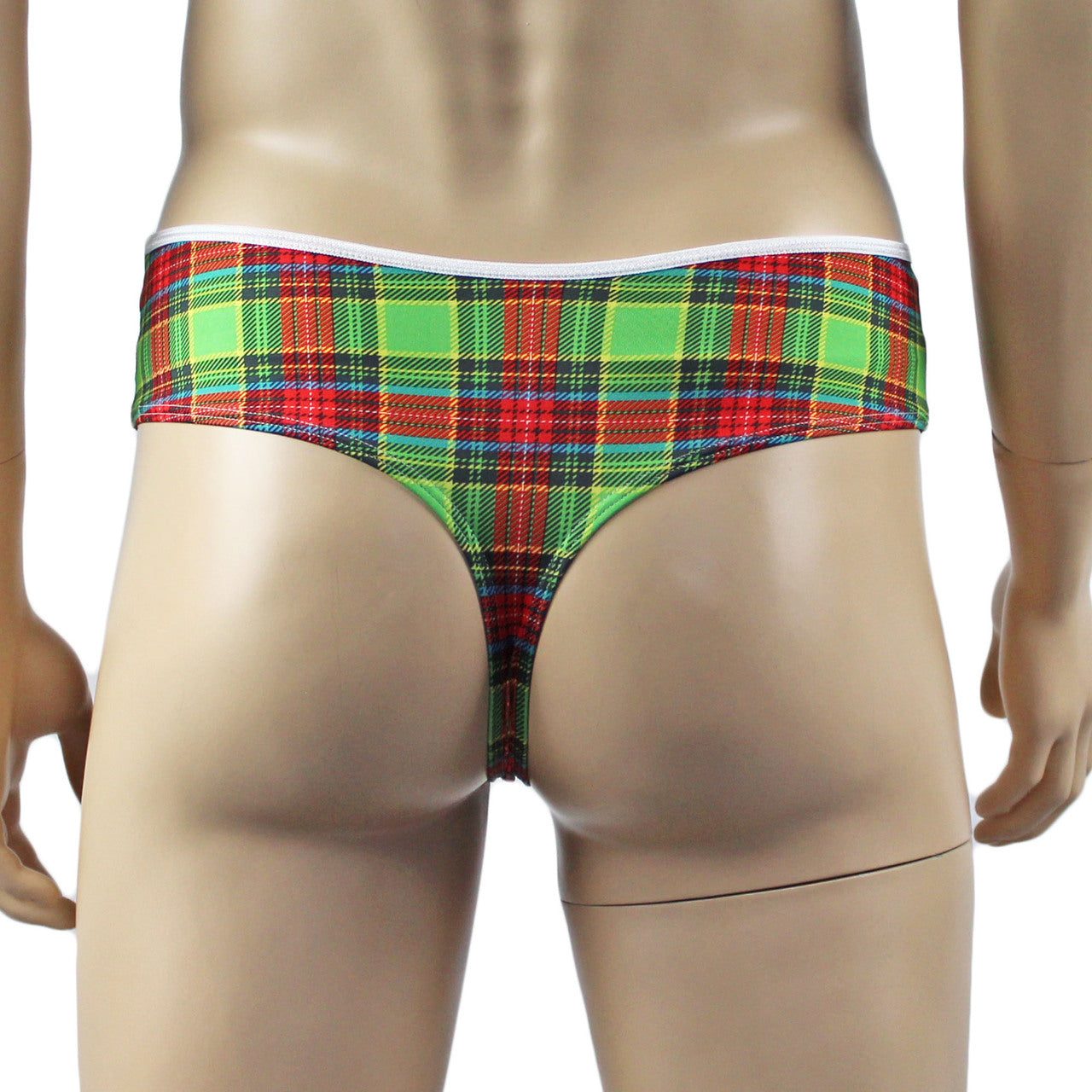 Mens Plaid Tartan Bra Top & High Waist Thong Green and Red