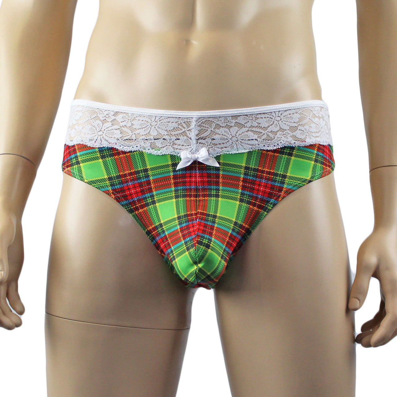 Mens Plaid Tartan Camisole Top & High Waist Thong Green and Red