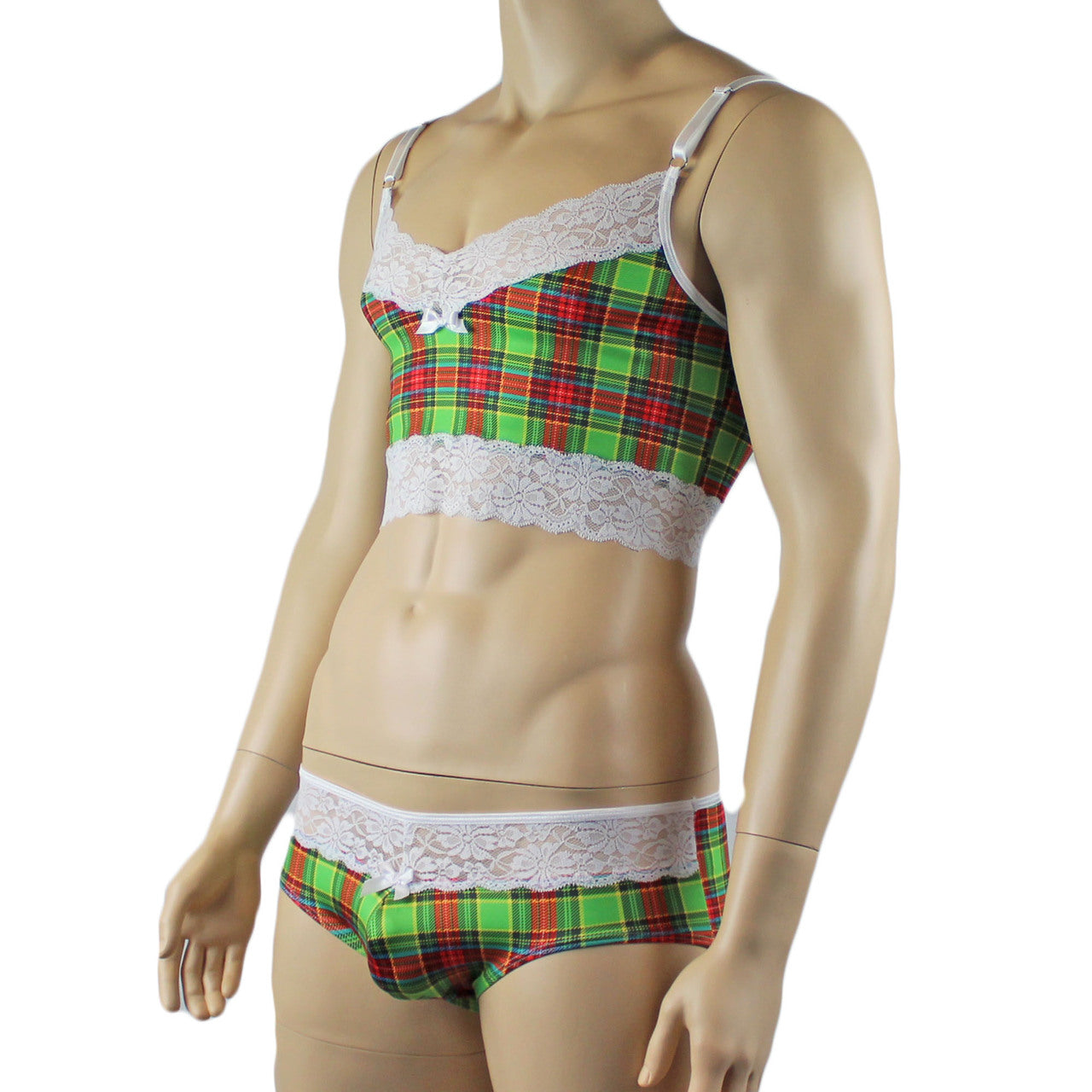Mens Plaid Tartan Camisole Top & Bikini Brief Green and Red