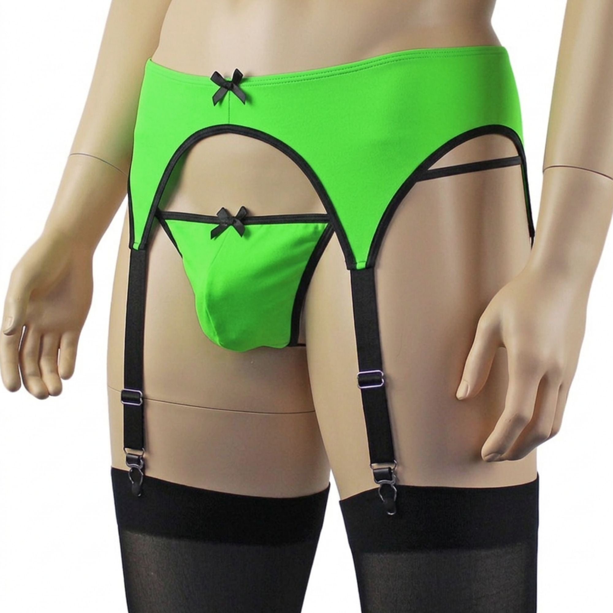 Mens Jenny Shiny Spandex Garterbelt Lingerie Neon Green & Black
