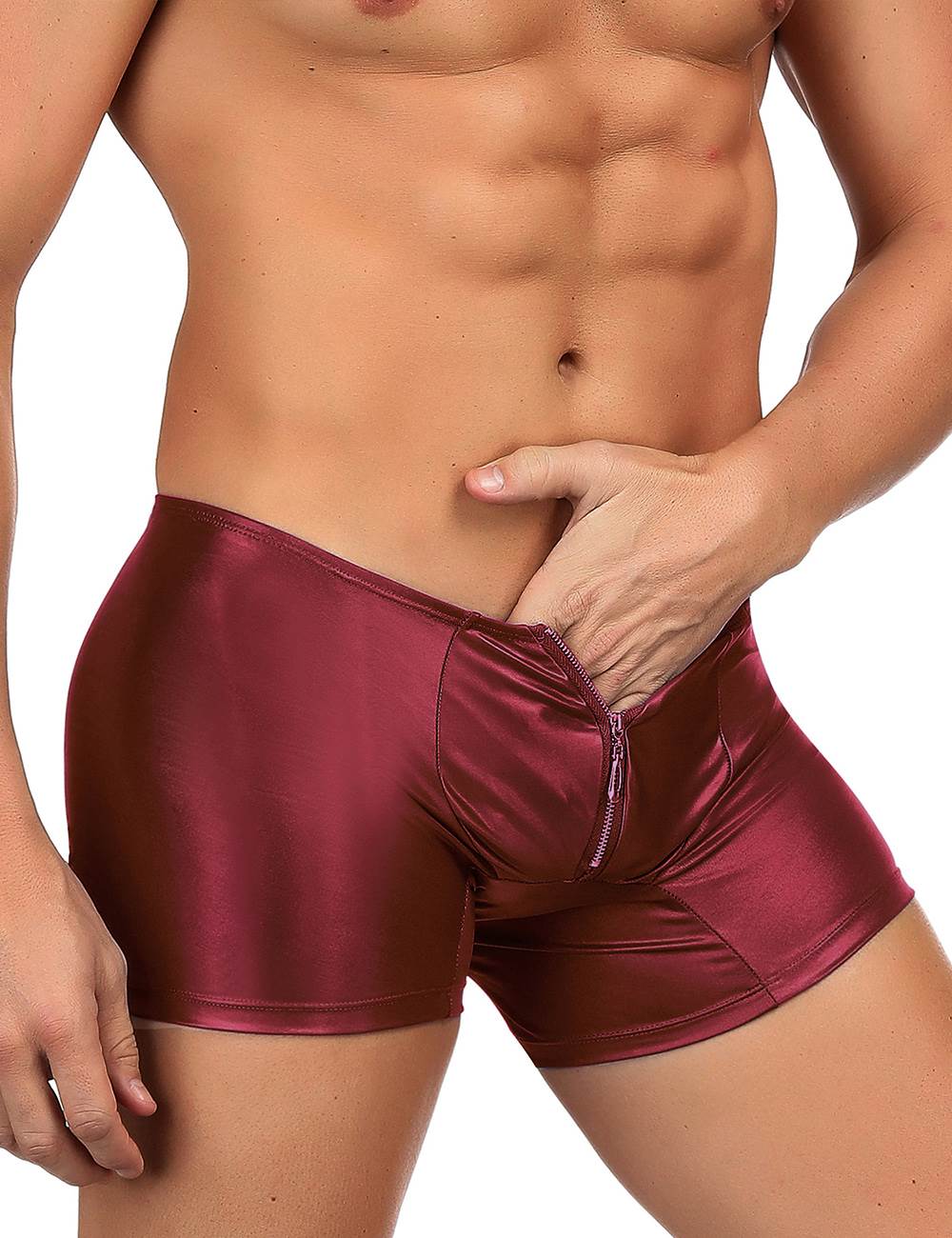 JCSTK -  Mens Wetlook OY-MP069 Boxer Shorts with Zipper Pouch Front Burgundy