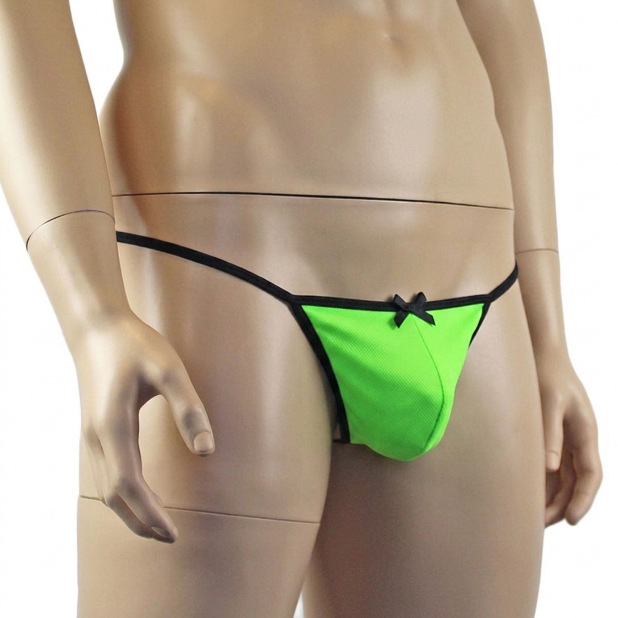 Mens Jenny Shiny Spandex Pouch G string with Bow Neon Green & Black