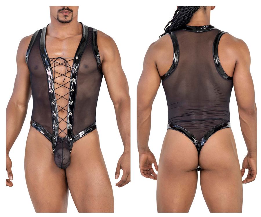 CandyMan 99774 Gladiator Bodysuit with Lace Up Front Black