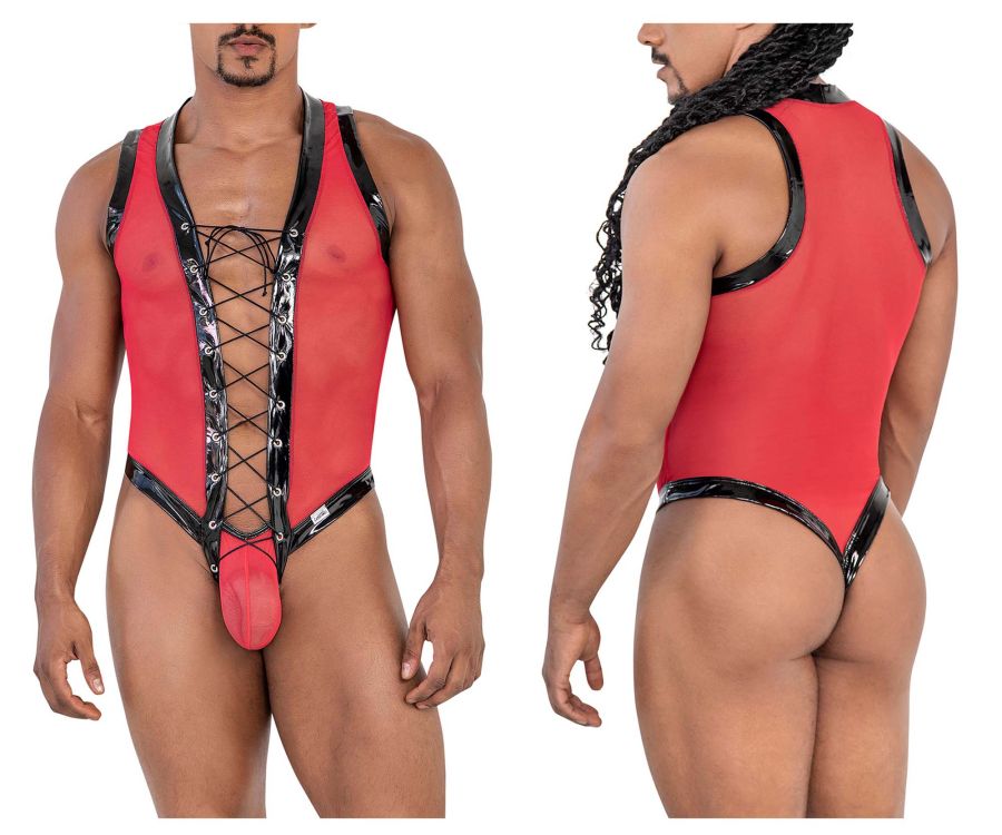 CandyMan 99774 Gladiator Bodysuit with Lace Up Front Red