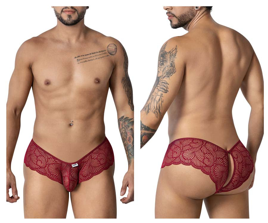 CandyMan 99907 Mens Sexy Lace Open Back Trunks Burgundy