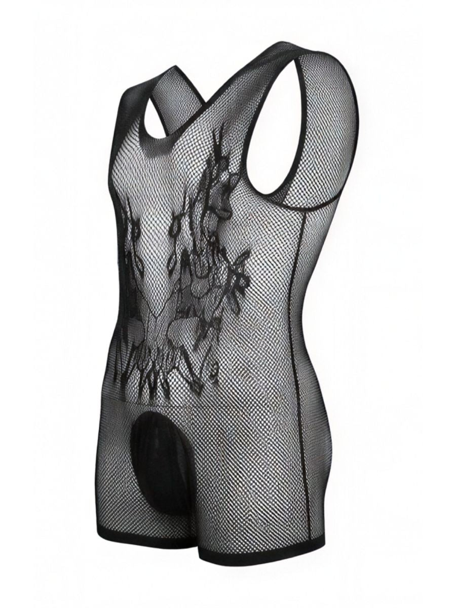 CandyMan 99958 Mens Stretch Fishnet Bodysuit with Lace Style Graphic Design Black