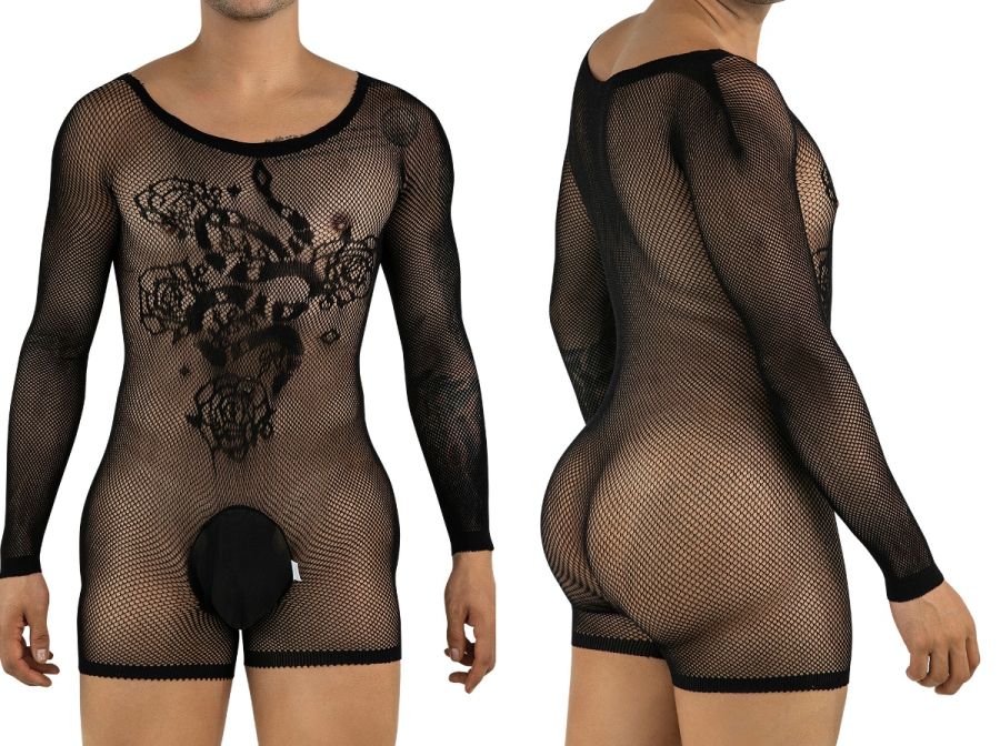 CandyMan 99959 Mens Stretch Fishnet Bodysuit with Graphic Tattoo Print Black