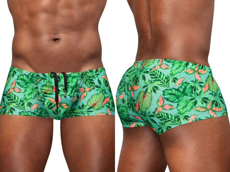 ErgoWear EW1829 Tropical Foliage Mens 4-Way Stretch Swim Trunks Aqua Leaves