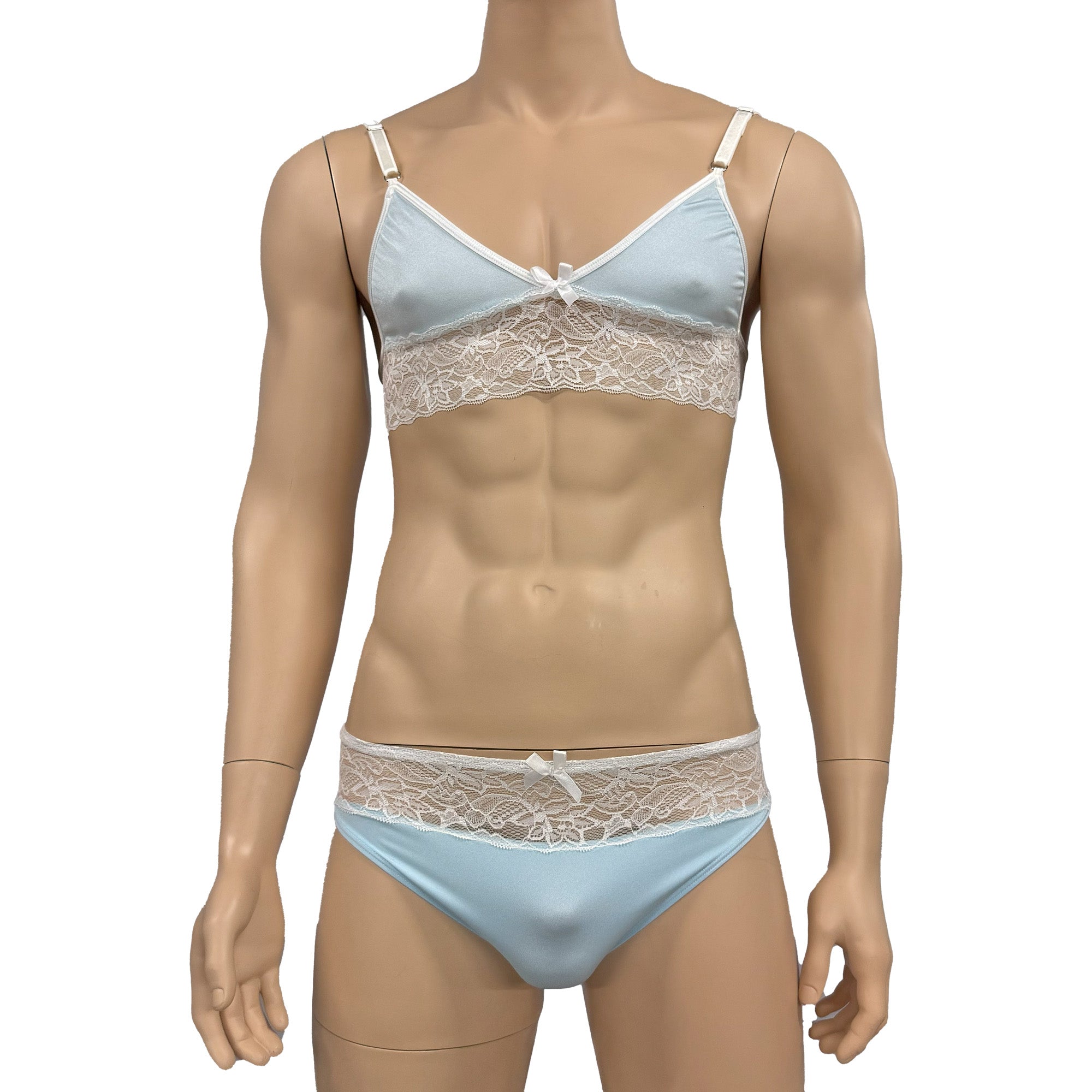 Mens Jackie Spandex & Lace Bra Top and Seamless Front Brief Light Blue & White Lace