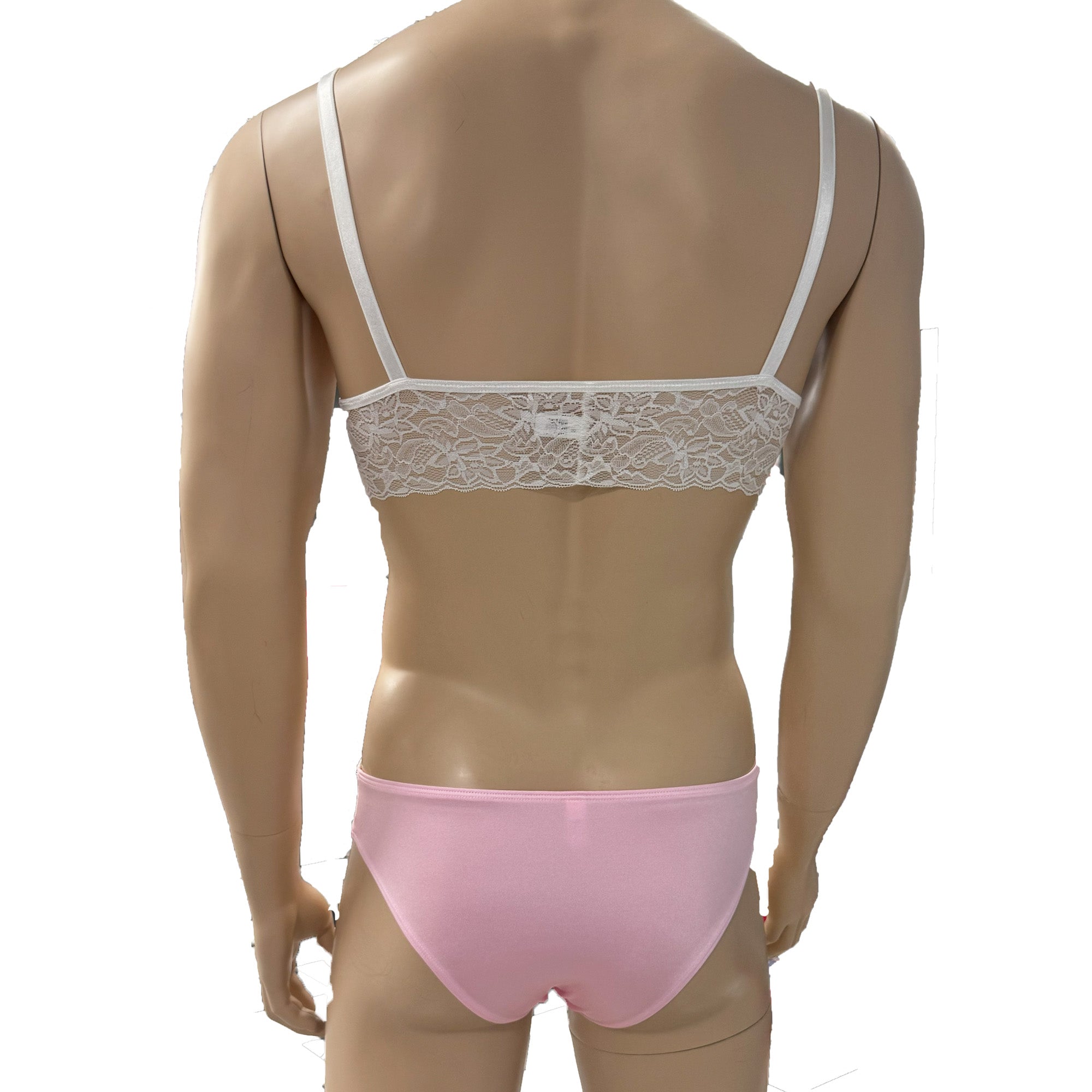 Mens Jackie & Lace Bra Top and Seamless Front Brief Light Pink & White Lace