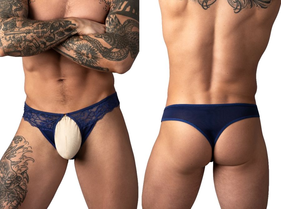 Male Power 409-280 Mens Sassy Lace Open Front Ring Thong Navy