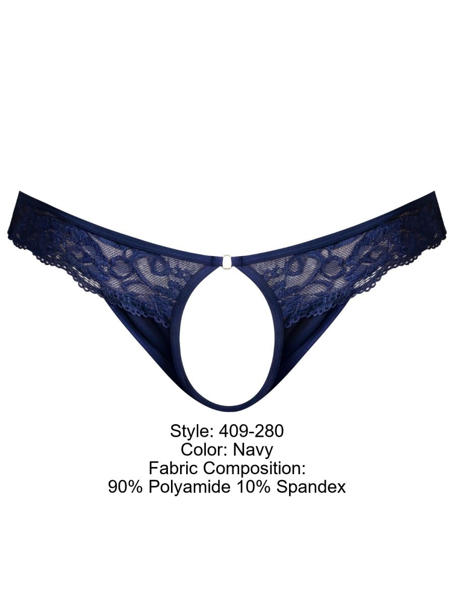 Male Power 409-280 Mens Sassy Lace Open Front Ring Thong Navy